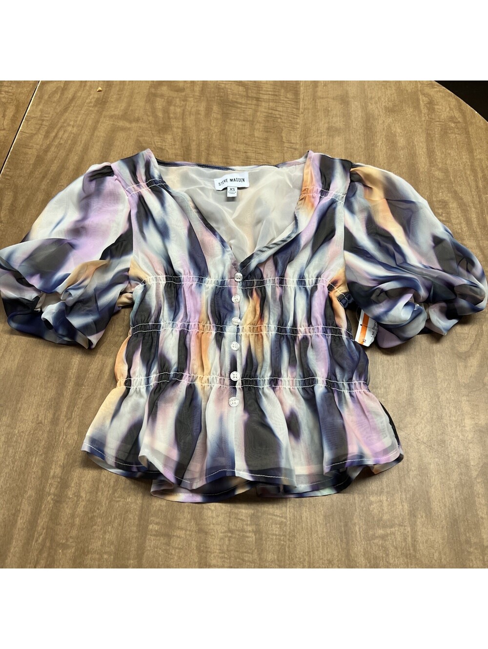 Steve Madden Peplum Top XS Watercolor Puff Sleeve Fairy Whimsy Romantic